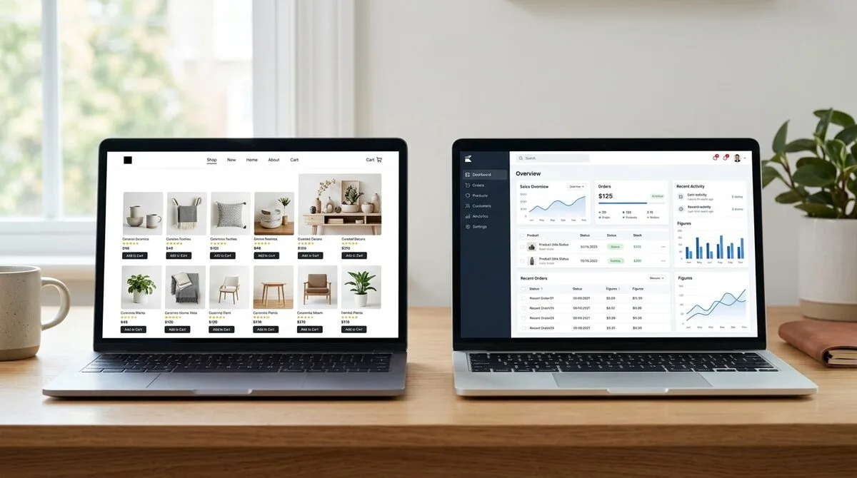 Two laptops side by side showing e-commerce and website admin dashboards