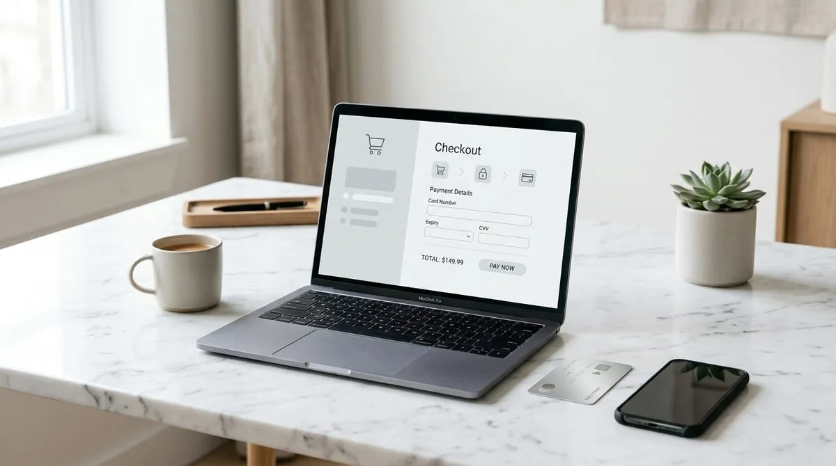 Minimal modern checkout setup on a laptop with a credit card on a clean desk