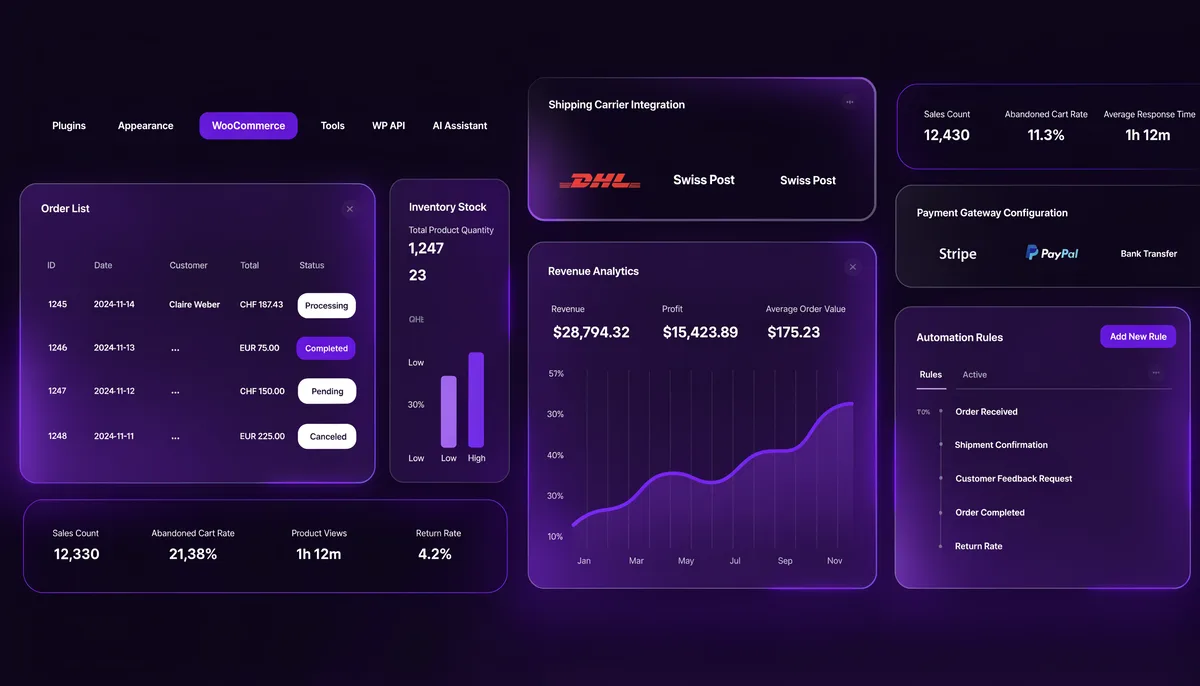 Side-by-side comparison of two WordPress e-commerce plugin dashboards on a laptop screen